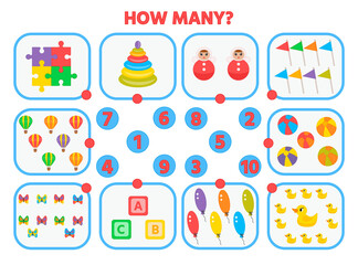 Game for kids. How many toys?  Preschool worksheet activity. Children funny riddle entertainment for the development of logical thinking