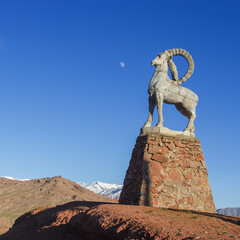An ibex statue marking the border between Kyrgyzstan and Tajikistan at Kyzyl Art pass in the...