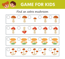 Education game for children. Find an extra object. Kids learning material. Preschool worksheet activity. Children funny riddle entertainment for the development of logical thinking