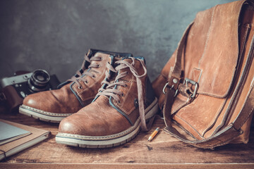 old travel vintage boots shoes and leather bag