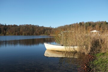 Moody autumn landscape with rushes by the lake in morning light. Old abandoned boat in background.