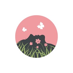 Girl's face in flowers and grass