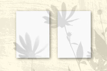 2 vertical sheets of textured white paper on soft yellow table background. Mockup overlay with the plant shadows. Natural light casts shadows from a Jerusalem artichoke flowers. Horizontal orientation