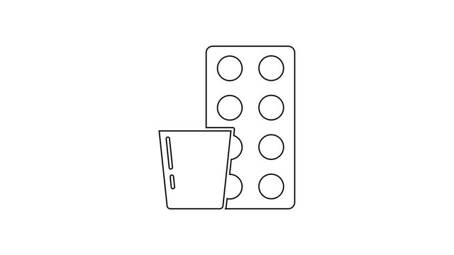 Black line Pills in blister pack icon isolated on white background. Medical drug package for tablet, vitamin, antibiotic, aspirin. 4K Video motion graphic animation