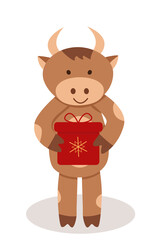 Cute cartoon goby carries a gift box. Symbol of the year bull vector illustration.