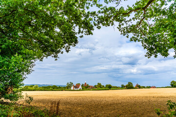 Landcape of a traditional English country house seen beyound green tree branches on the fields in Kent, England, UK - obrazy, fototapety, plakaty