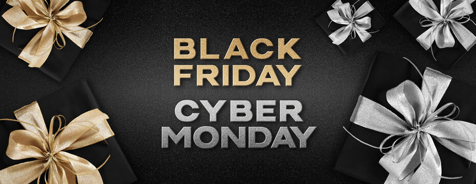 black friday and cyber monday text write with gift packages wrapped with golden and silver ribbon bow isolated on black background, template for promotional card with copy space