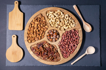 Mix of nuts: almonds, peanuts, pecans, cashew. top view flat lay