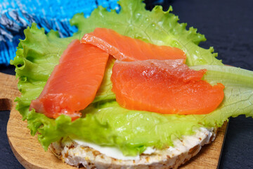 bread sandwich with raw salmon, cream cheese, leaf lettuce, and Chia seeds. Closeup. Healthy snack or appetizer