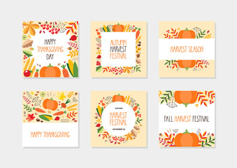 Harvest Festival. Set of autumn backgrounds with vegetables, berries, autumn leaves and plants. Can be used for autumn holiday invitations, greeting cards, banners.