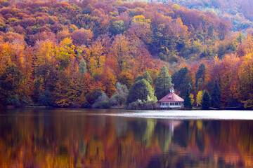 Abandanod cottage on autumn lake.