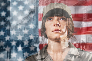 National holidays in the United States. Portrait of a female soldier, against the background of the American flag. Multi-exposure