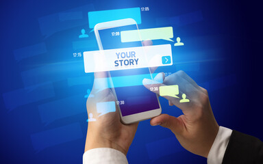 Female hand typing on smartphone with YOUR STORY inscription, social networking concept