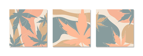 Set of floral abstract backdrops, pink, blue and brown autumn leaves vector background
