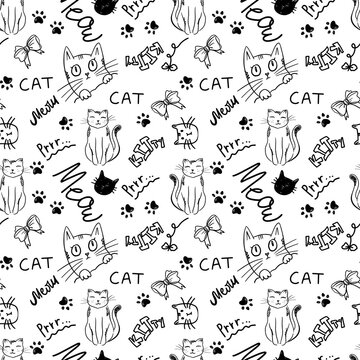 Cute Cartoon Vector Cat Pet Icons, Seamless Pattern