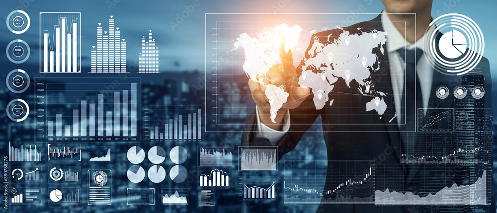 Aufkleber global finance analysis and big data research concept . futuristic screen showing large statistic in