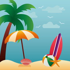 Fototapeta na wymiar hello summer season with umbrella and surfboard in beach scene