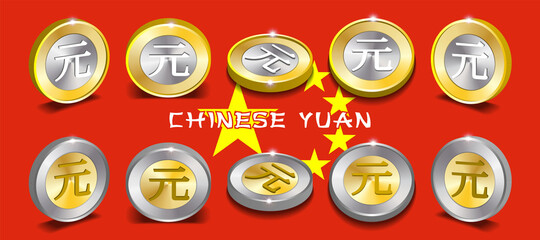 Set of two sample types of 3d bimetallic coins with round gradient, shadows and bright glares. Golden and silver money sign of the Chinese yuan. EPS10