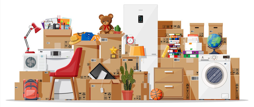 Moving to new house. Family relocated to new home. Paper cardboard boxes with various household thing. Package for transportation. Computer, lamp, clothes, books. Vector illustration in flat style