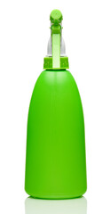 Spray bottle in green color, moisture sprayer, closeup photo of one object, isolated on white background