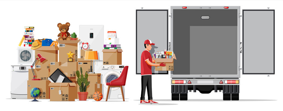 Delivery truck full of home stuff inside. Moving to new house. Family relocated to new home. Boxes with goods. Package transportation. Computer, lamp, clothes, books. Flat vector illustration
