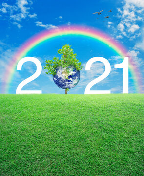 2021 white text with planet and tree on green grass field over rainbow, birds and blue sky with white clouds, Happy new year 2021 ecological cover, Save the earth concept, Elements of this image furni