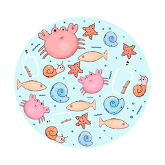 Emblem with marine life. Creative kids logo for packaging and postcards.