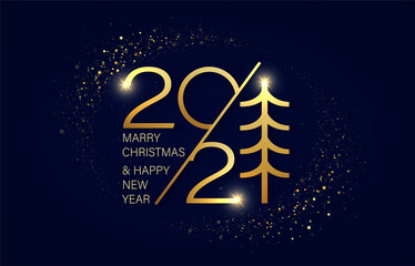 Fototapeta na wymiar Merry Christmas and New Year 2021. Festive shining background with golden text and glitter.