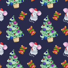 Watercolor christmas seamless pattern on dark blue background