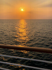 Dream holiday or vacation on luxury cruiseship or cruise ship liner at sea with sunset, sunrise or...