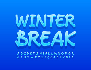 Vector modern card Winter Break. Blue creative Font. 3D Artistic Alphabet Letters and Numbers set
