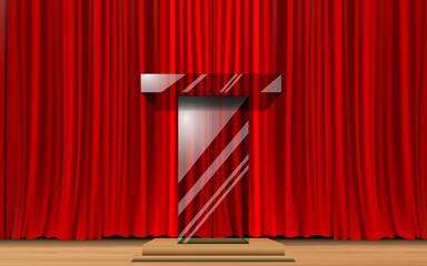  glass announcement podium and red curtain on the wooden stage