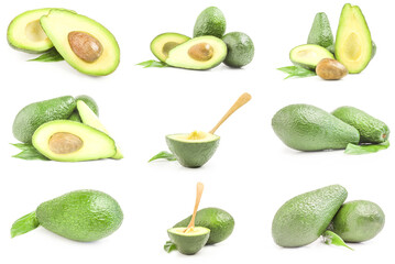 Set of fresh avocados isolated on a white background cutout
