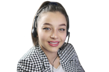 Young woman in customer service center. Young girl providing support with smile. Call center support team helping people. Answer questions. Assist people with technical support. 