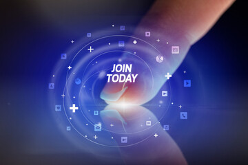 Finger touching tablet with social media icons and JOIN TODAY