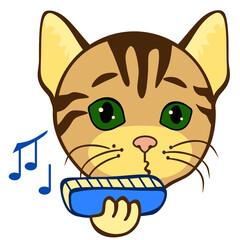 emoji with amateur folk musician playing harmonica using his mouth & lips to blow wind into it, simple cat  emoticon, simplistic facial expression