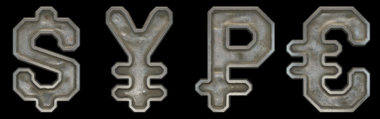 Set of symbols dollar, yen, rouble and euro made of industrial metal on black background 3d