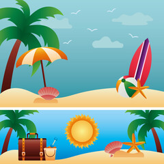 Fototapeta na wymiar hello summer season with palms and set icons in beach scenes
