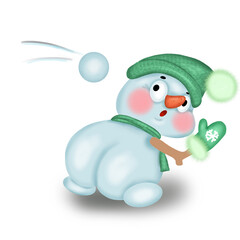 a snowball is flying at the snowman cute snowman in a hat scarf and mittens with different emotions on a white background