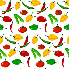 Vegetable pattern. Red, yellow, green peppers, tomatoes and cucumbers. Chilli. Vector illustration isolated on white background. For packaging, scrapbooking and textiles, farms and markets, cafes and