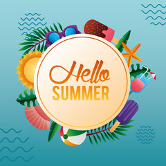hello summer season lettering with set icons in circular frame