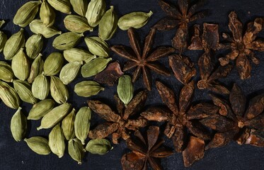 Star Anise (Chakra Phul)  and Cardamom closeup photos.Indian spices.
