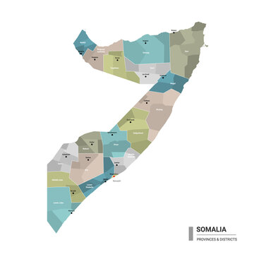Somalia higt detailed map with subdivisions. Administrative map of Somalia with districts and cities name, colored by states and administrative districts. Vector illustration 