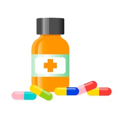 Vector pills and capsules. Tablets in blisters: painkillers, antibiotics, vitamins and aspirin. Pharmacy and drug symbols. Medical bottles and pills. 