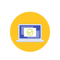 Laptop with checkmark, accept notification, vector icon