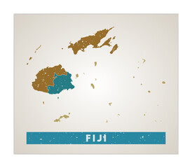 Fiji map. Country poster with regions. Old grunge texture. Shape of Fiji with country name. Modern vector illustration.
