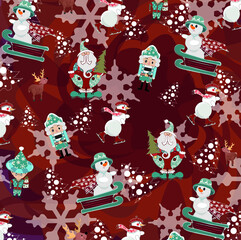 Illustration with snowman, deers, elfs and Santa on the red background