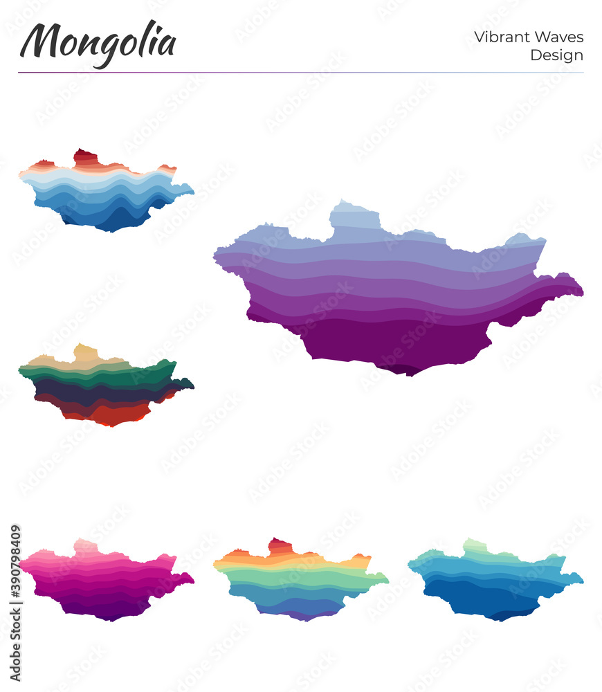 Poster set of vector maps of mongolia. vibrant waves design. bright map of the country in geometric smooth 
