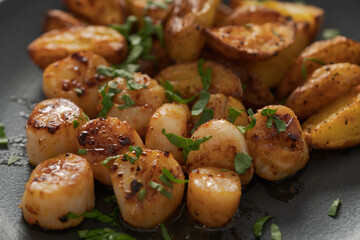roasted scallops with baked potatoes wedges on a black plate