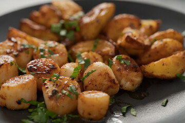 roasted scallops with baked potatoes wedges on a black plate
